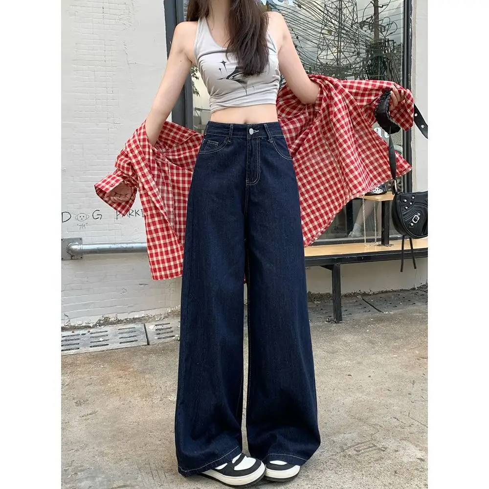 Dark Blue Wide Leg Jeans 2025 High Waist Loose Fit