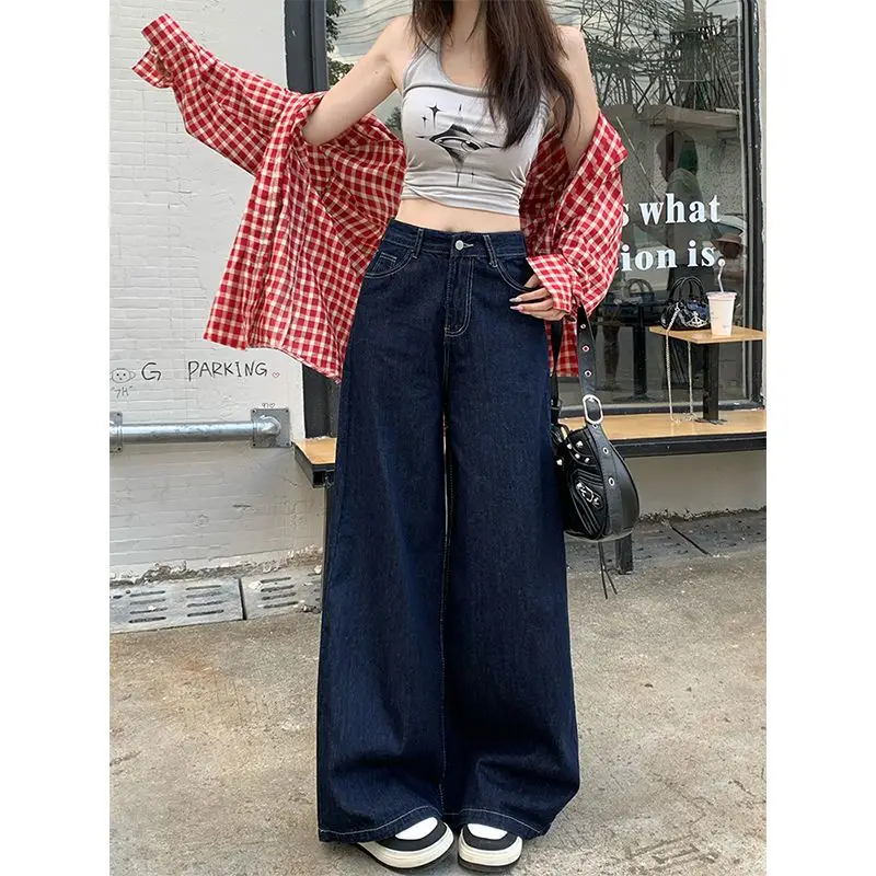 Dark Blue Wide Leg Jeans 2025 High Waist Loose Fit