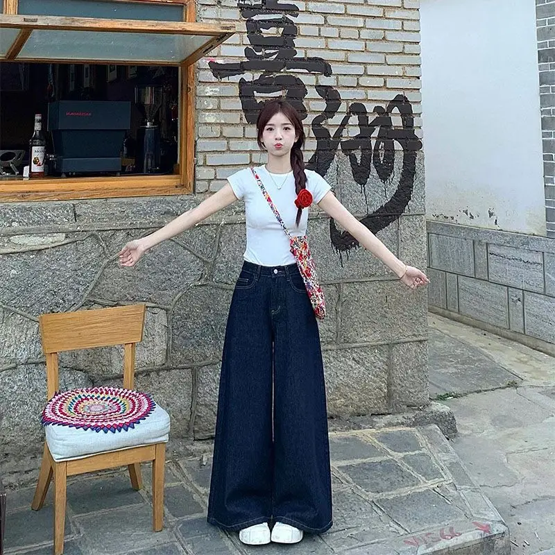 Dark Blue Korean Style Wide Leg Pants for Women - Image 5