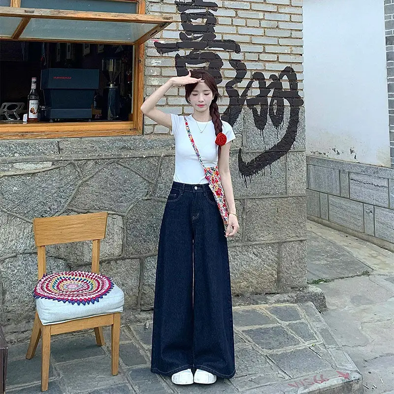 Dark Blue Korean Style Wide Leg Pants for Women - Image 6