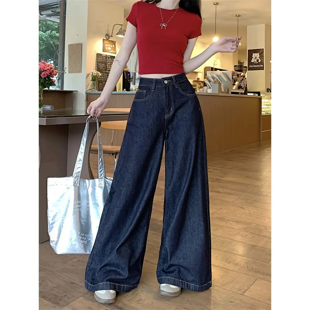 Women Dark Blue Wide Leg Jeans High Waist 2025 Spring