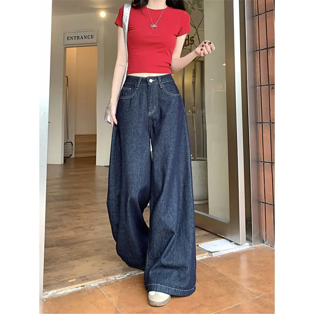 Women Dark Blue Wide Leg Jeans High Waist 2025 Spring