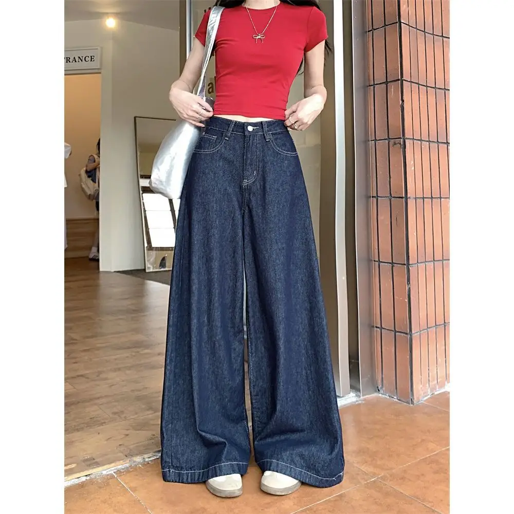 Women Dark Blue Wide Leg Jeans High Waist 2025 Spring