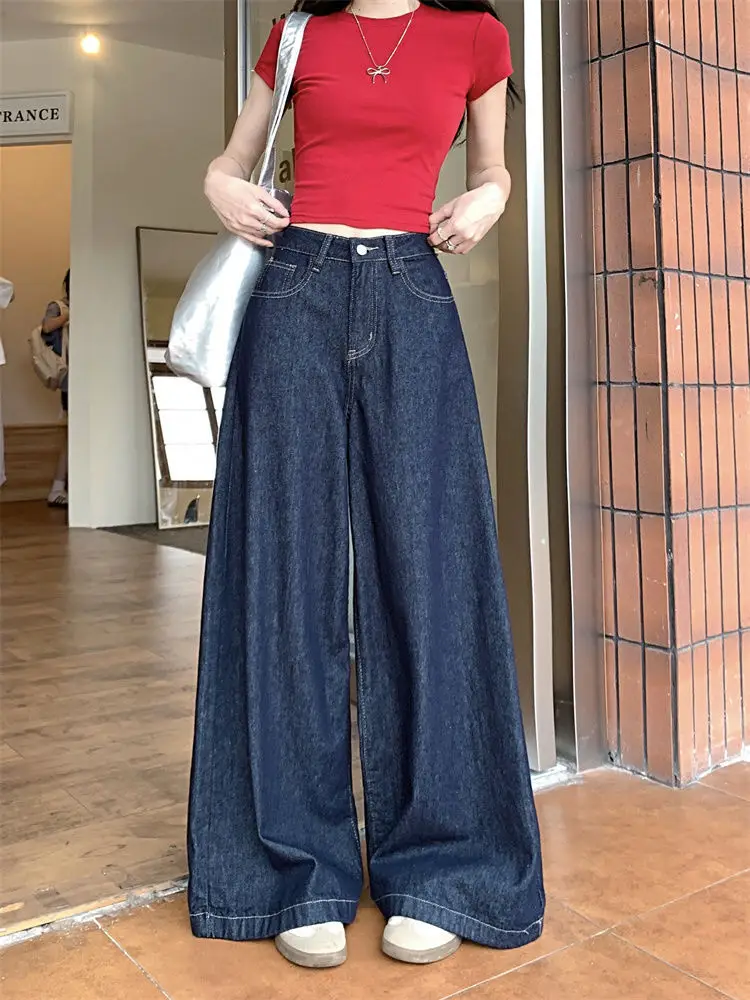 Women Dark Blue Wide Leg Jeans High Waist 2025 Spring — feature 2