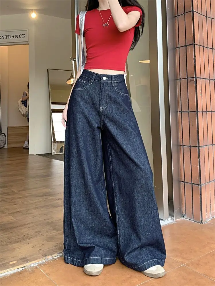Women Dark Blue Wide Leg Jeans High Waist 2025 Spring — feature 3