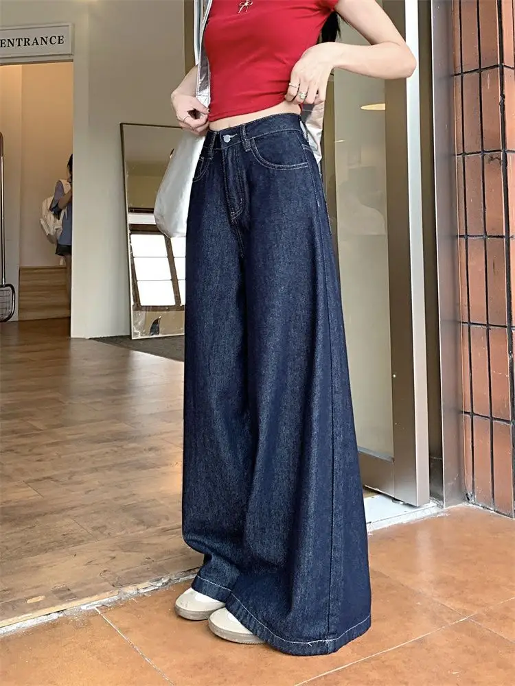 Women Dark Blue Wide Leg Jeans High Waist 2025 Spring — feature 4