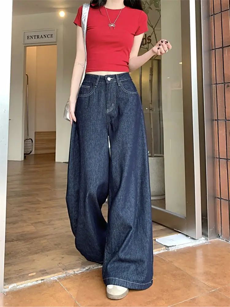Women Dark Blue Wide Leg Jeans High Waist 2025 Spring — feature 5