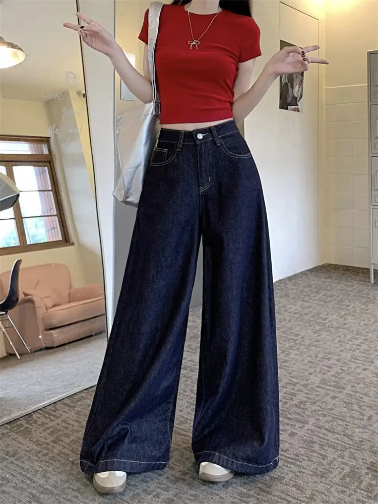 Women Dark Blue Wide Leg Jeans High Waist 2025 Spring — feature 6