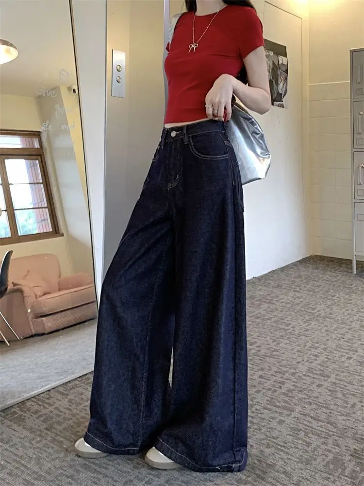 Women Dark Blue Wide Leg Jeans High Waist 2025 Spring — feature 7