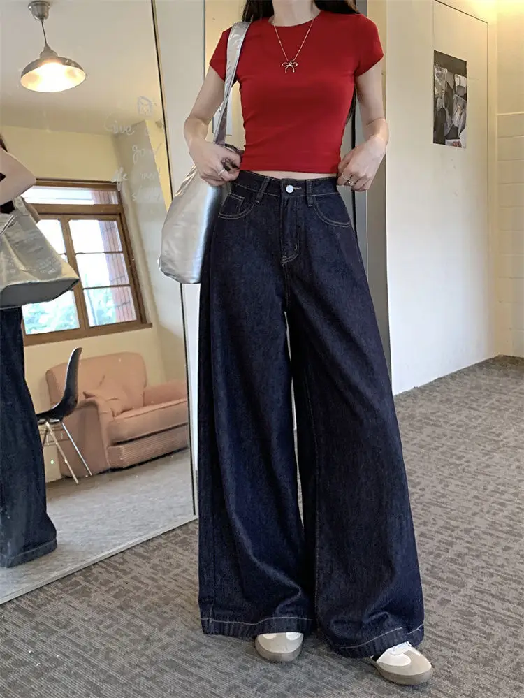 Women Dark Blue Wide Leg Jeans High Waist 2025 Spring — feature 8