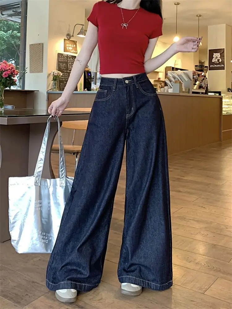 Women Dark Blue Wide Leg Jeans High Waist 2025 Spring — feature 9