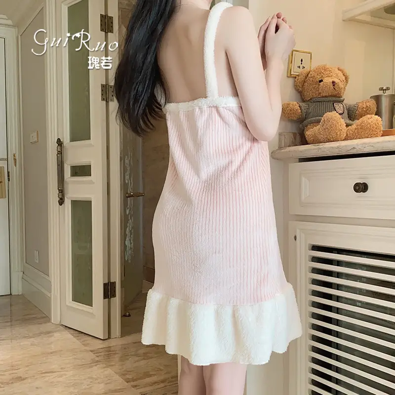 Women Velvet Nightgown with Bow Strap & Faux Fur Sleeves