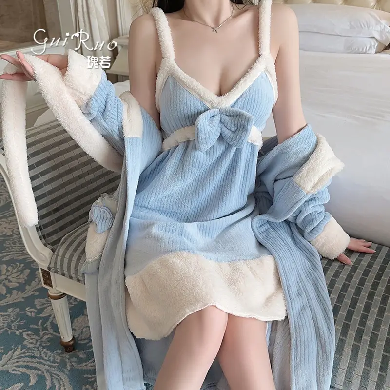 Women Velvet Nightgown with Bow Strap & Faux Fur Sleeves