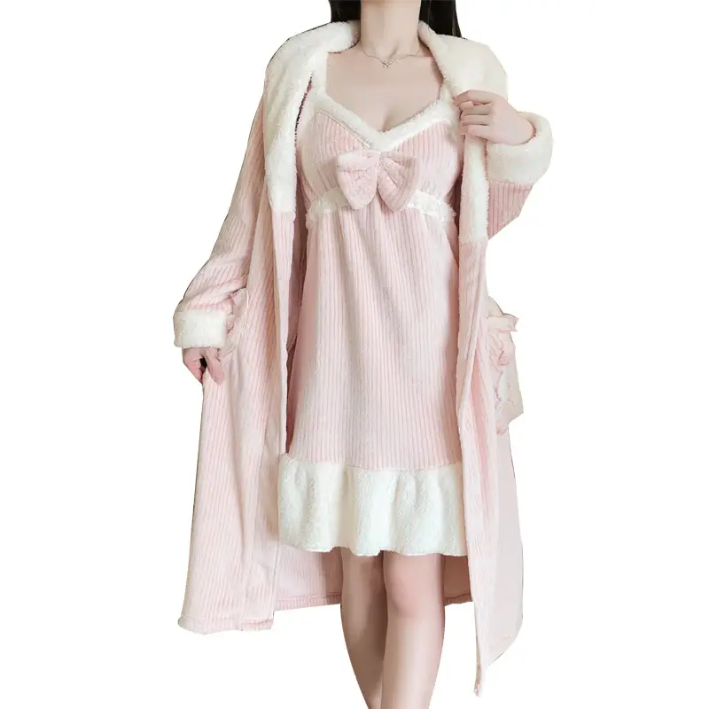Women Velvet Nightgown with Bow Strap & Faux Fur Sleeves