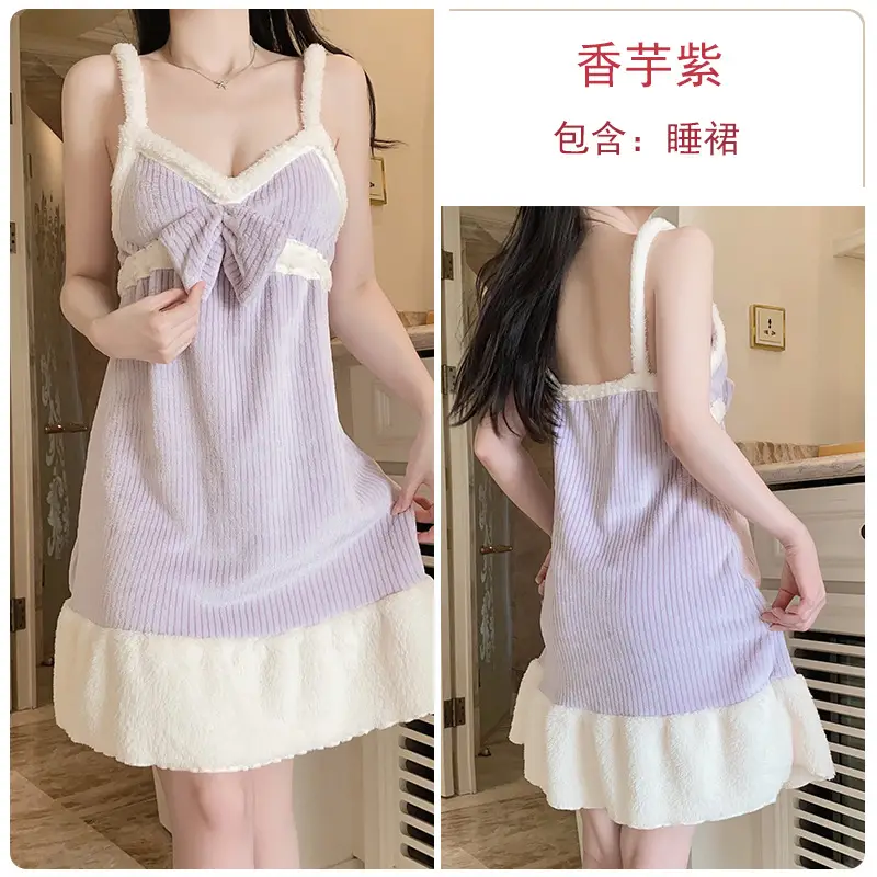 Women Velvet Nightgown with Bow Strap & Faux Fur Sleeves
