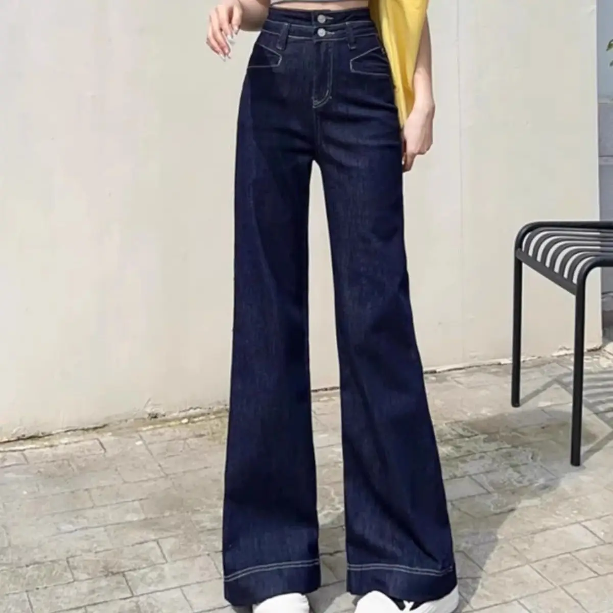 Women Dark Blue Wide Leg Jeans Slim Fit 2025
