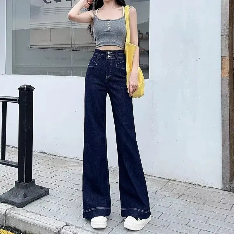 Women Dark Blue Wide Leg Jeans Slim Fit 2025