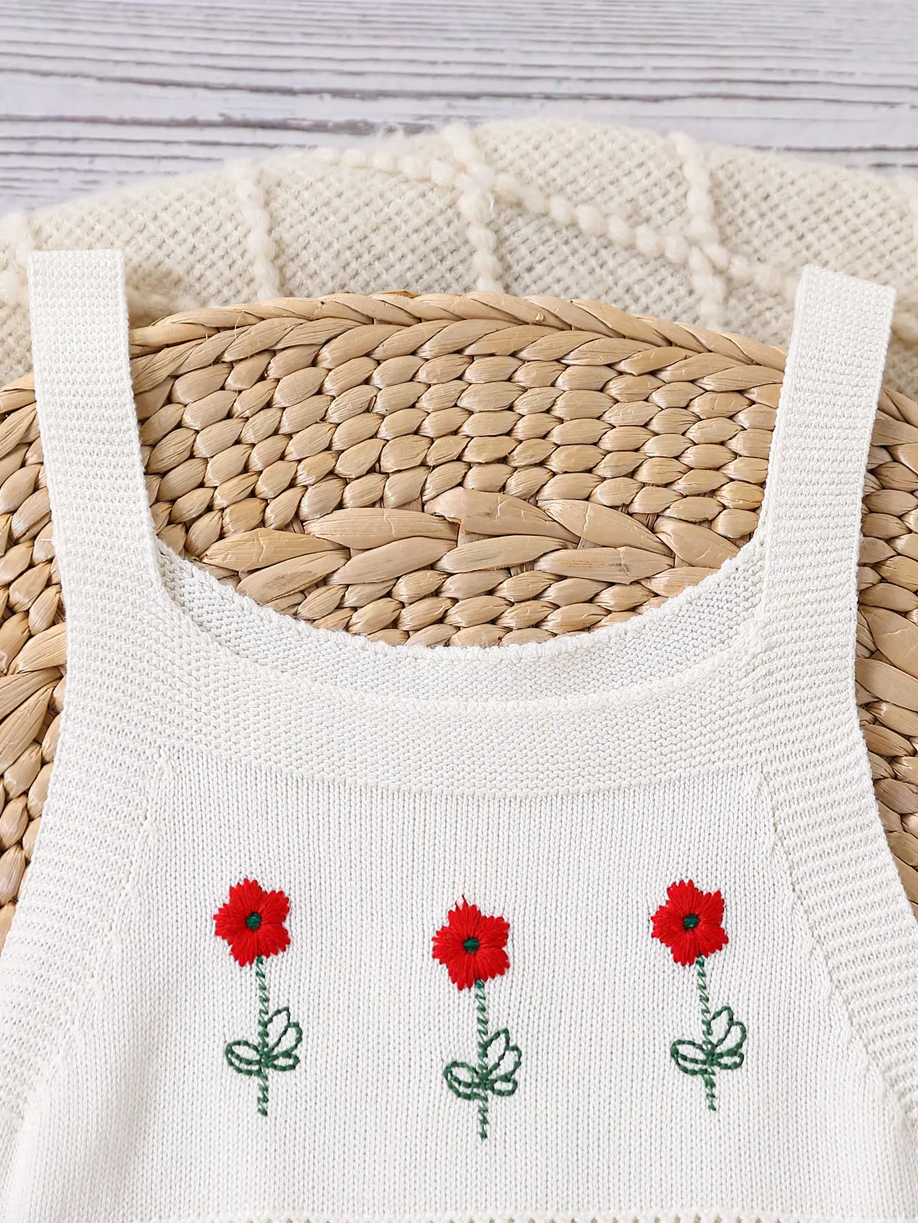Baby Girl's White Knitted Floral Suspender Dress