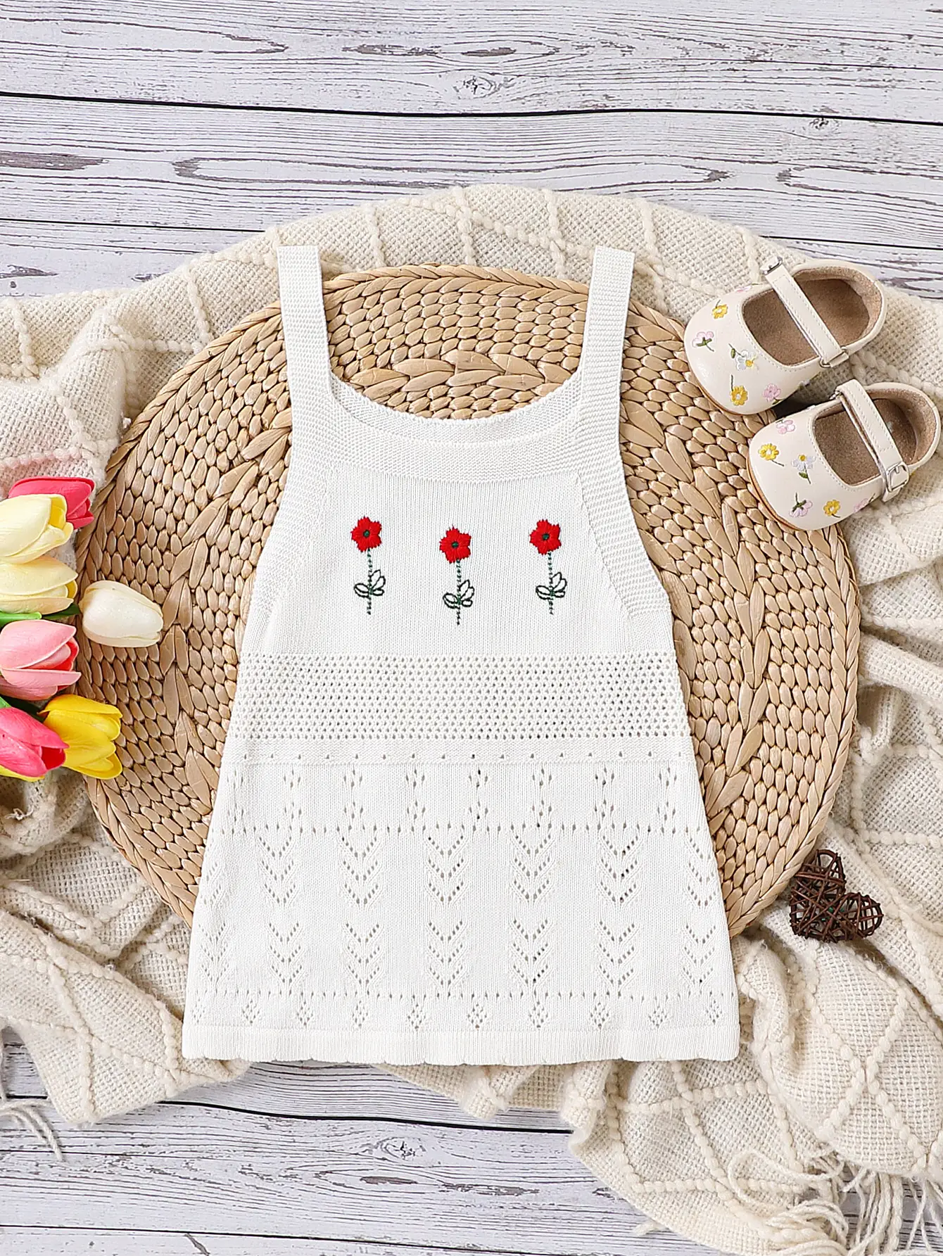 Baby Girl's White Knitted Floral Suspender Dress — feature 1