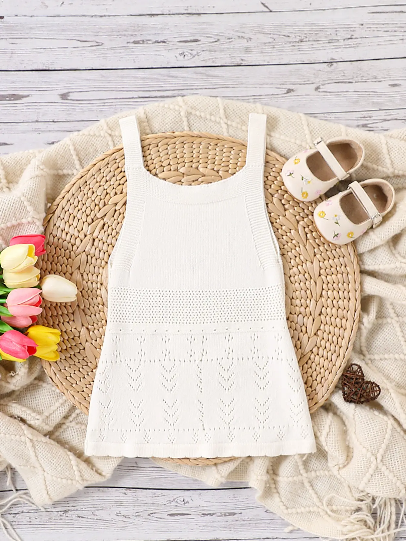 Baby Girl's White Knitted Floral Suspender Dress — feature 2
