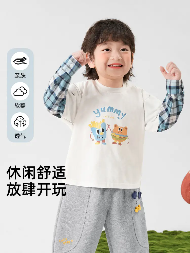 Kaka Panda Boys Green Long Sleeve T-Shirt with Plaid Sleeves