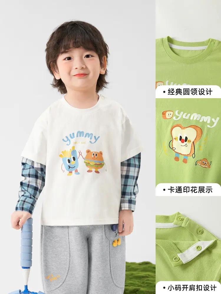 Kaka Panda Boys Green Long Sleeve T-Shirt with Plaid Sleeves
