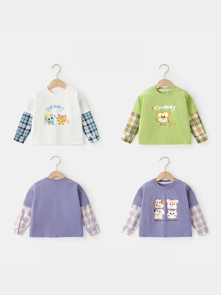 Kaka Panda Boys Green Long Sleeve T-Shirt with Plaid Sleeves