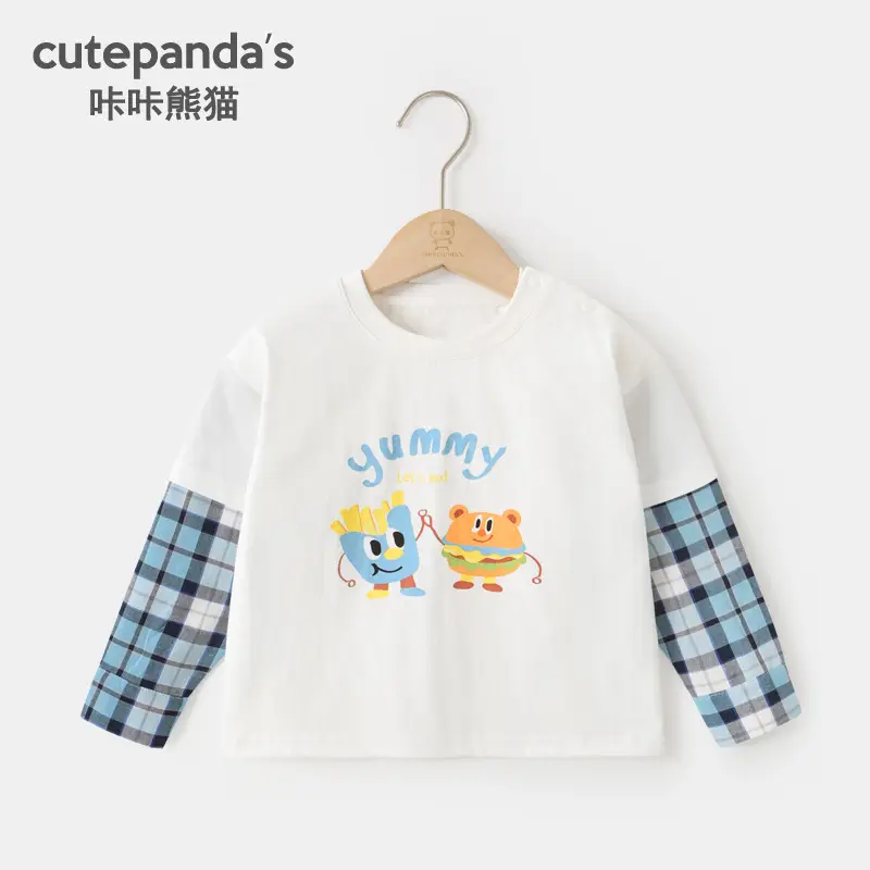 Kaka Panda Boys Green Long Sleeve T-Shirt with Plaid Sleeves