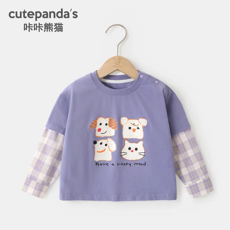 Kaka Panda Boys Green Long Sleeve T-Shirt with Plaid Sleeves