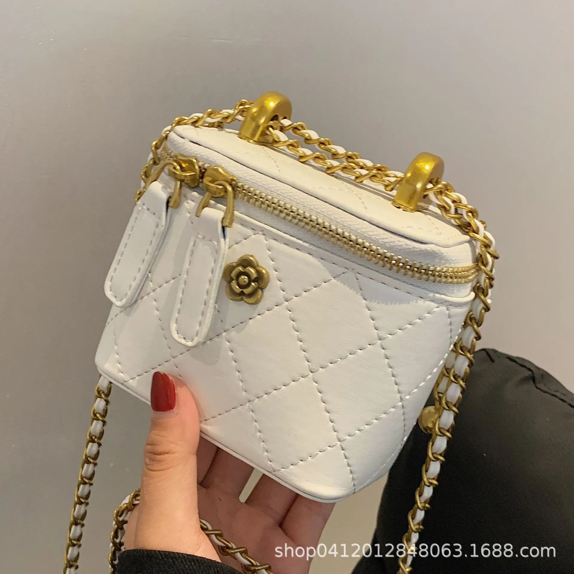 White Quilted Mini Shoulder Bag with Gold Chain - Image 5