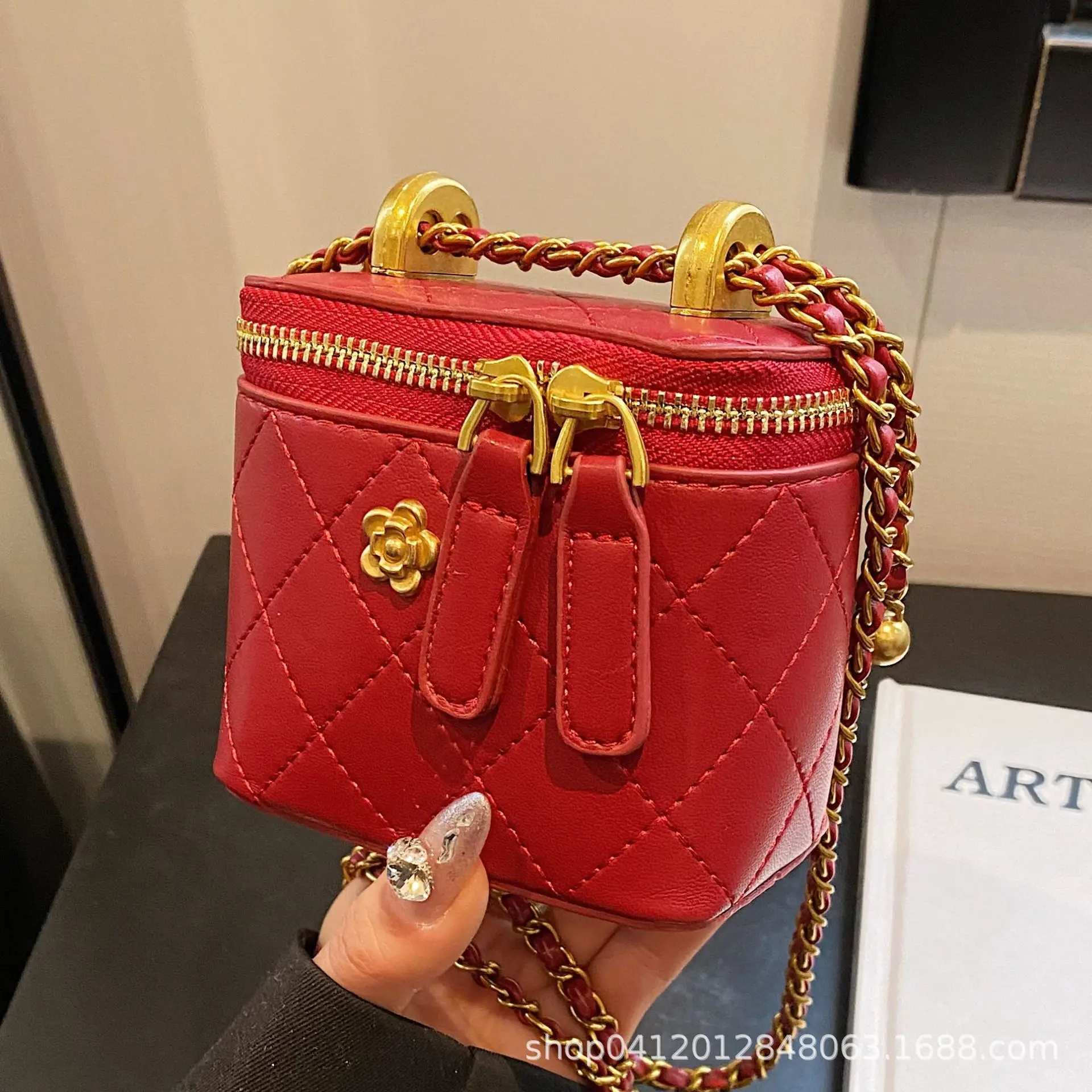 White Quilted Mini Shoulder Bag with Gold Chain - Image 7