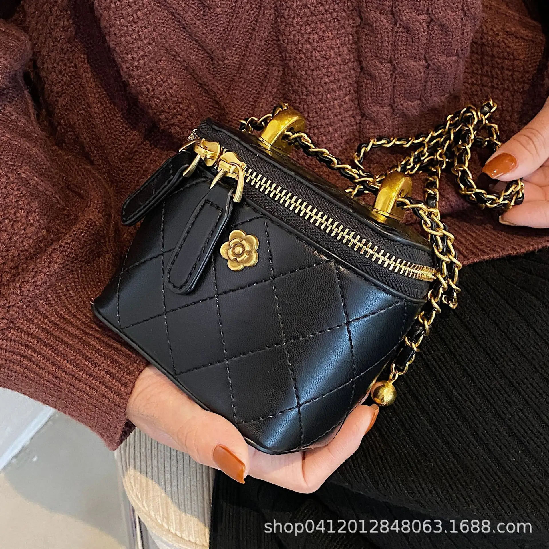 White Quilted Mini Shoulder Bag with Gold Chain - Image 8