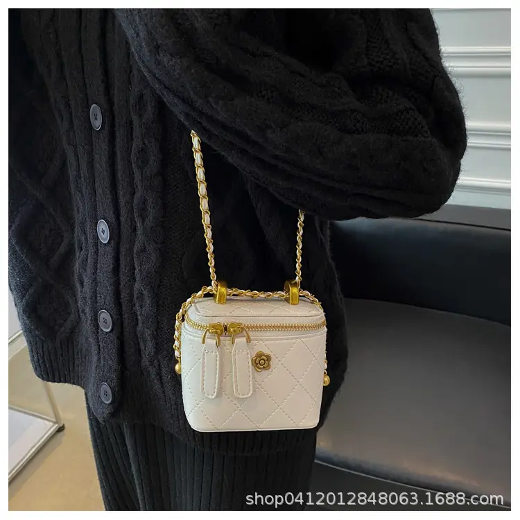 White Quilted Mini Shoulder Bag with Gold Chain — feature 10