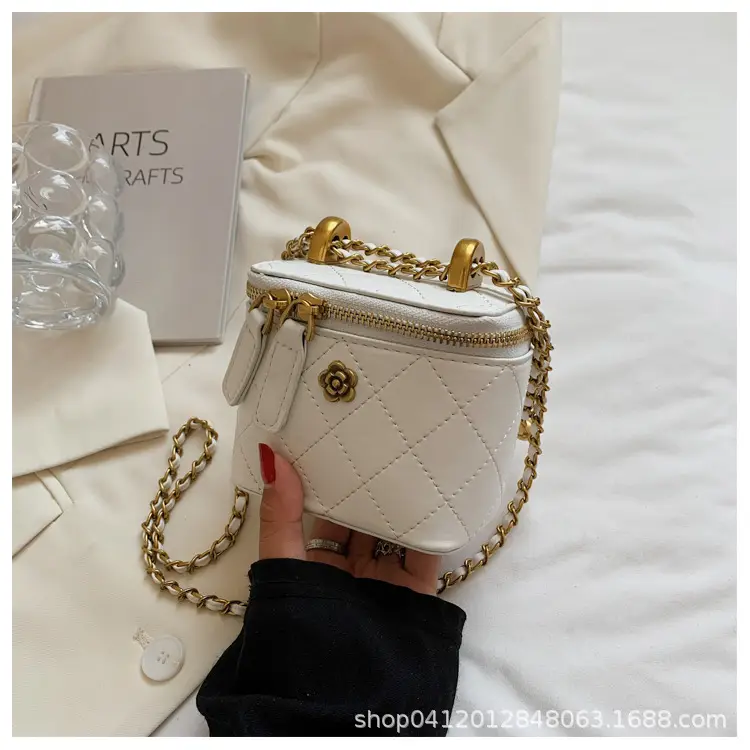 White Quilted Mini Shoulder Bag with Gold Chain - Image 4