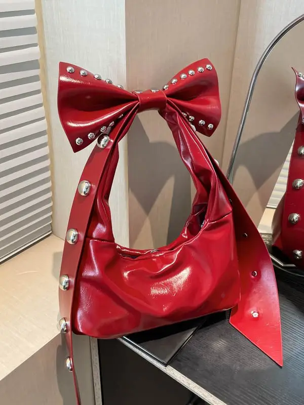 Brown Rivet Bow Shoulder Bag for Women - Image 8
