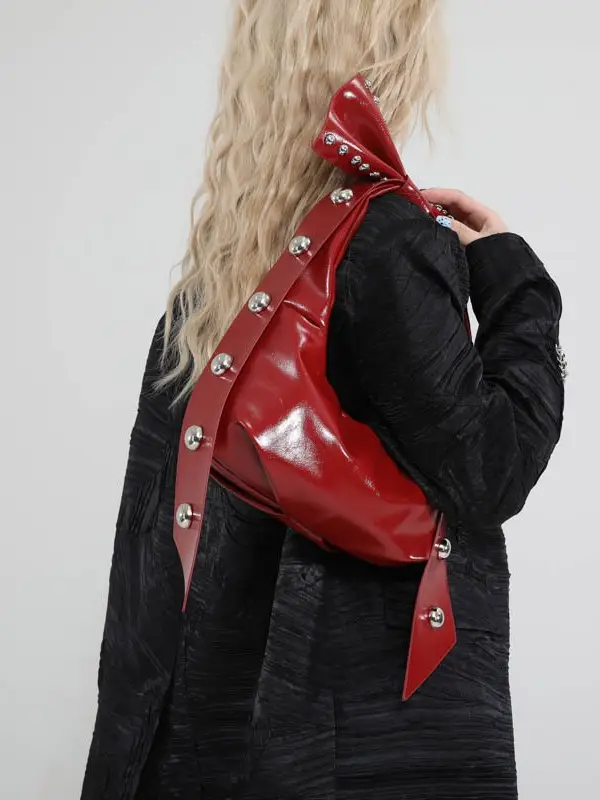 Brown Rivet Bow Shoulder Bag for Women - Image 9