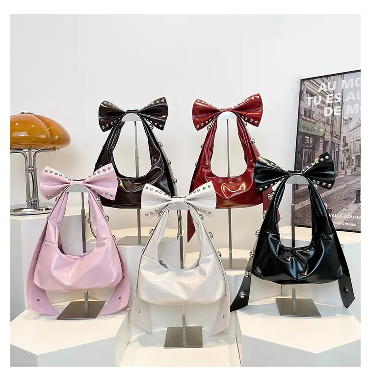 Brown Rivet Bow Shoulder Bag for Women — feature 1