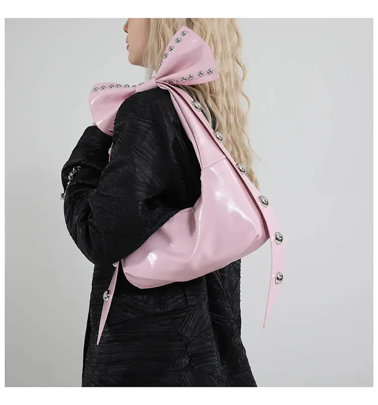 Brown Rivet Bow Shoulder Bag for Women — feature 12