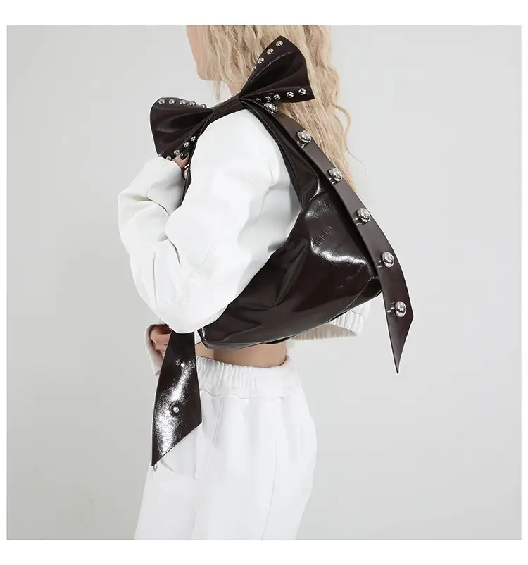 Brown Rivet Bow Shoulder Bag for Women — feature 20