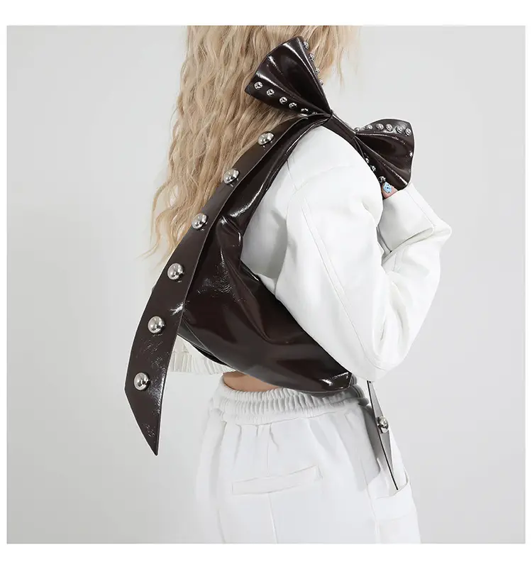 Brown Rivet Bow Shoulder Bag for Women — feature 21