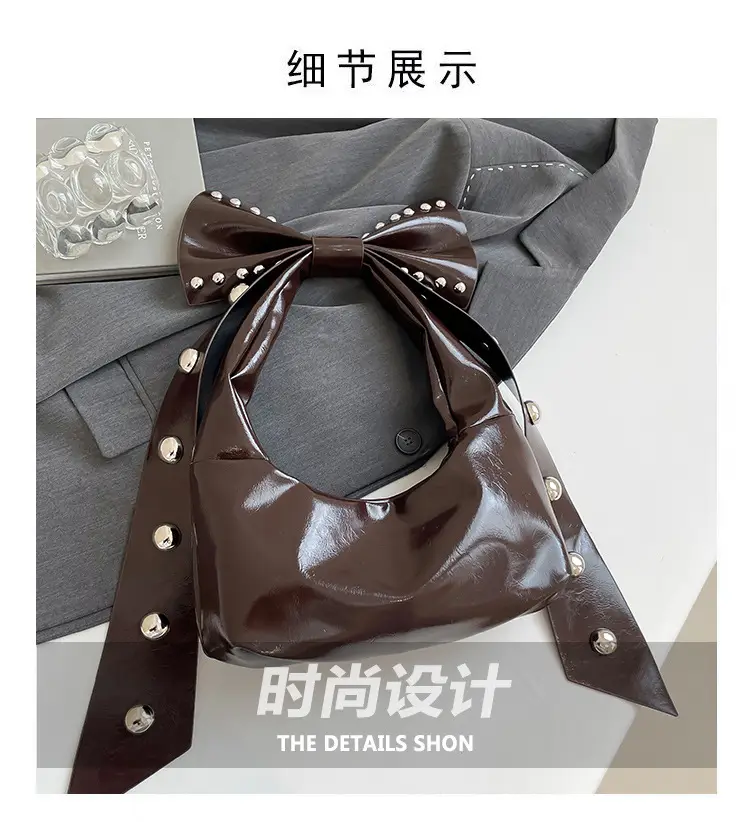 Brown Rivet Bow Shoulder Bag for Women — feature 3
