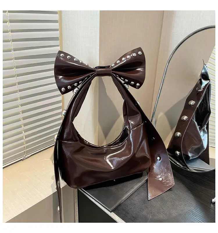 Brown Rivet Bow Shoulder Bag for Women — feature 31