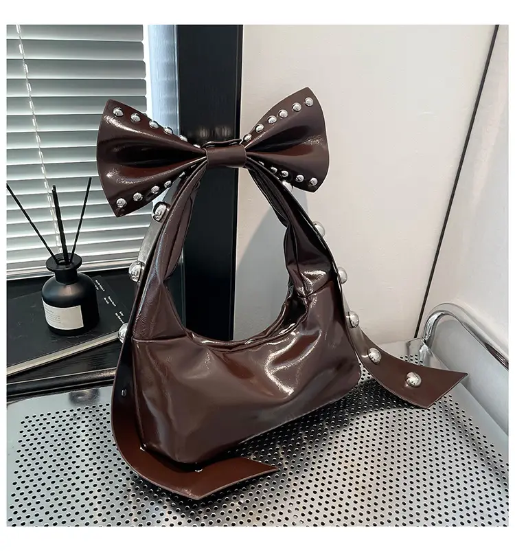 Brown Rivet Bow Shoulder Bag for Women — feature 34