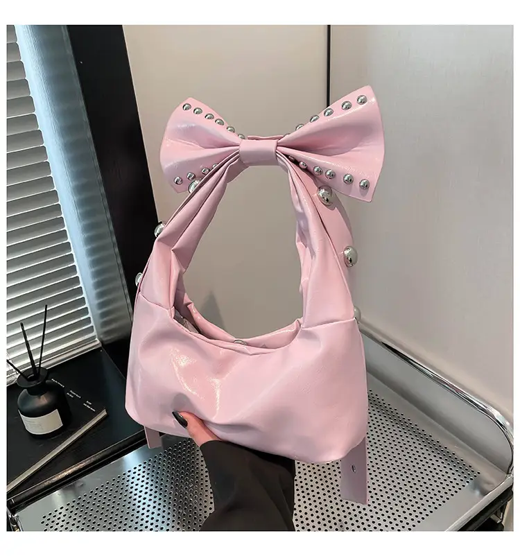 Brown Rivet Bow Shoulder Bag for Women — feature 35