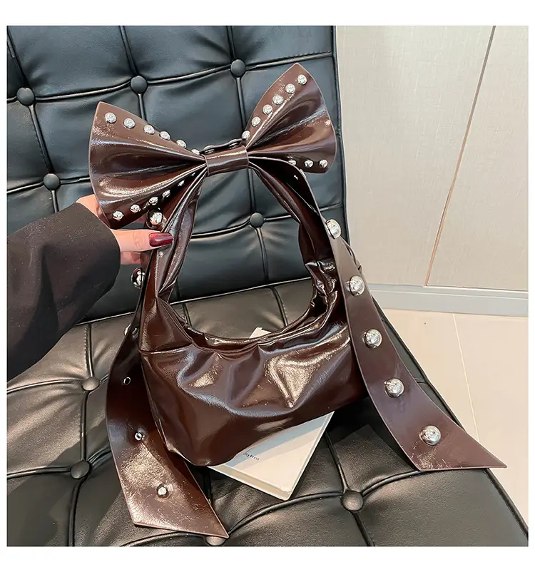 Brown Rivet Bow Shoulder Bag for Women — feature 42