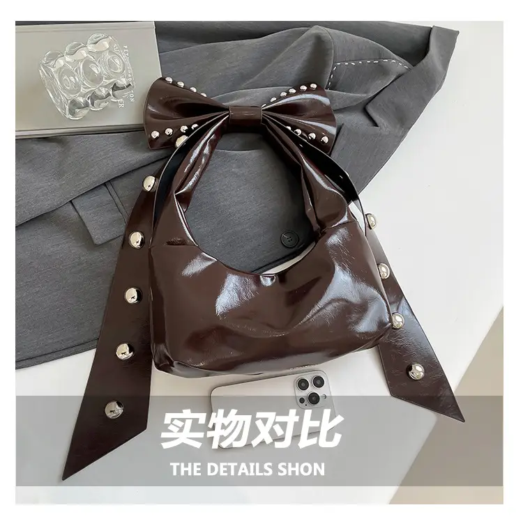 Brown Rivet Bow Shoulder Bag for Women — feature 6