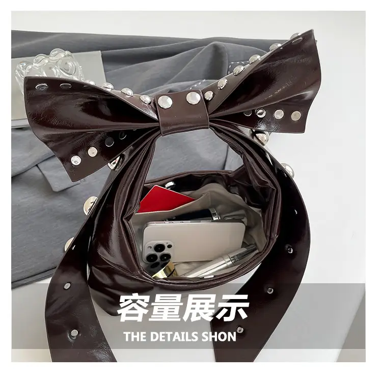 Brown Rivet Bow Shoulder Bag for Women — feature 7