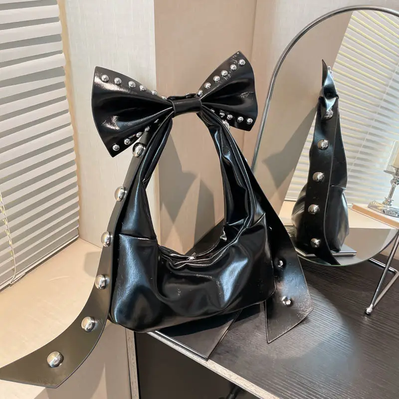 Brown Rivet Bow Shoulder Bag for Women