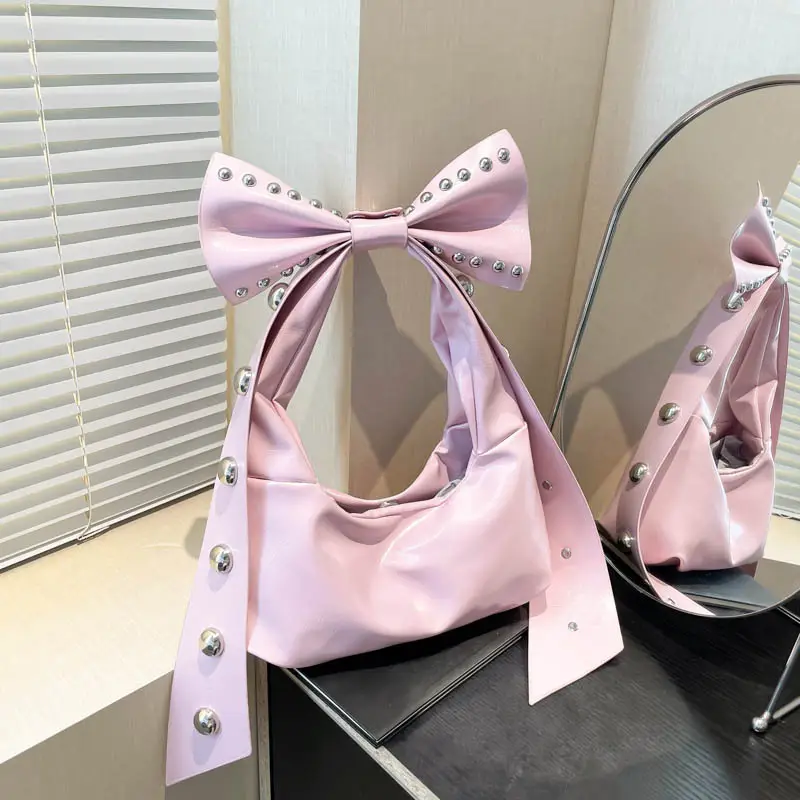 Brown Rivet Bow Shoulder Bag for Women - Image 2