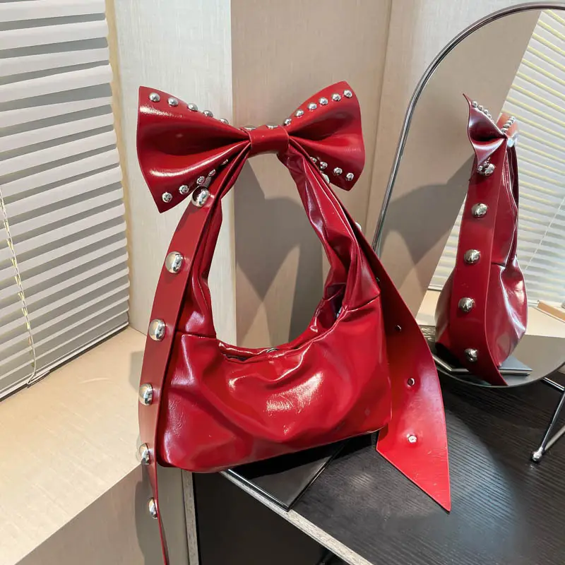 Brown Rivet Bow Shoulder Bag for Women - Image 3